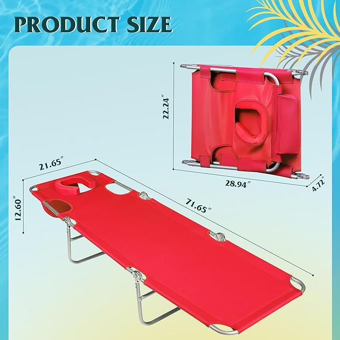 WLIVE Beach Lounge Chair for Adults, 4-Position Folding Tanning Chairs with Face Hole, 2 Legs Support Portable Outdoor Chair for Beach, Pool, Red