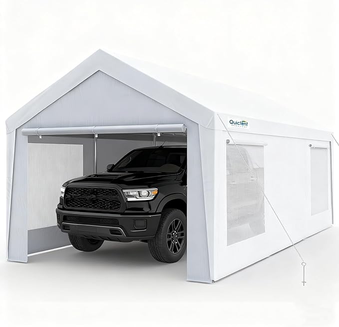 Quictent Upgraded 10x20 ft Heavy Duty Galvanized Carport - Reinforced Outdoor Garage Canopy Tent with Roll-up Ventilated Windows & Sidewalls, Weatherproof Shelter for Car, Boat, RV - White