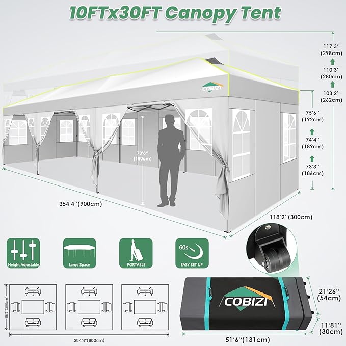 COBIZI 10x30 Pop Up Canopy Tent with 8 Removable Sidewalls, One Push Party Tent Outdoor Waterproof Event Canopy with Air Vent for Parties Commercial Wedding, 3 Height, Roller Bag, Sandbag, White
