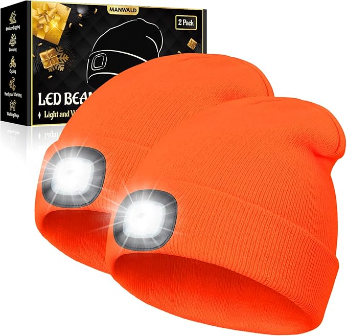 LED Beanie Hat with Light, USB Rechargeable LED Headlamp, Birthday Gifts for Women Adults, Gifts for Men dad Husband, Boyfriend, Orange, 2PCS