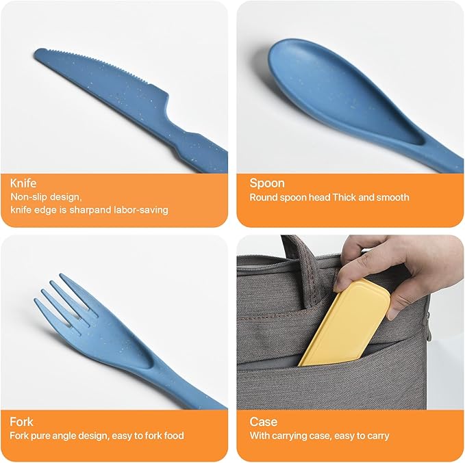 Travel Utensils with Case, Camping Utensils Wheat Straw Reusable Utensils Set With Case, Knife Fork and Spoon Utensil for Lunch Box (2 Pack)