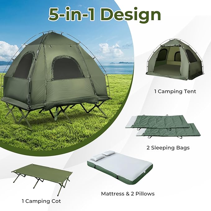GYMAX Tent Cot, 5-in-1 Folding Camping Cot with Mattress & Pillows, Sleeping Bags, Sunshade, Camping Tent Elevated with Carrying Bag for Outdoor Hiking, Fishing, Picnic
