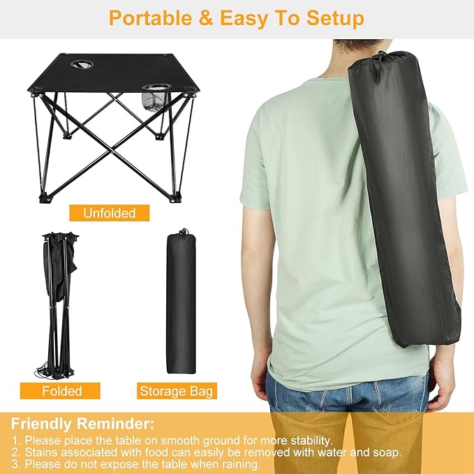 Folding Camping Table, Portable Pinic Table with 2 Cup Holders & Carry Bags, Rollup Camping Table Lightweight Beach Table for BBQ, Camping, Picnic and Indoor Use