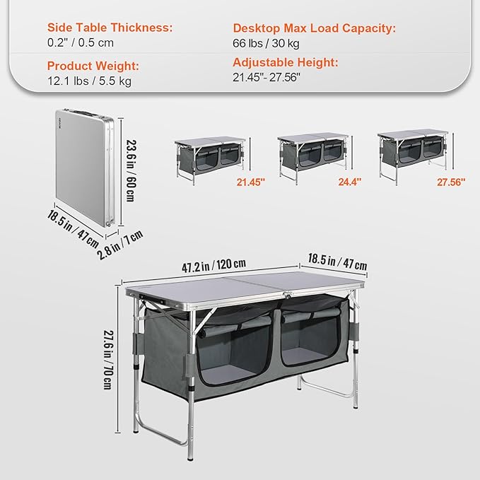 VEVOR Camping Kitchen Station, 3 Adjustable Height Folding Outdoor Camp Cooking Table with Storage Organizer, Quick Set-up for Patio BBQ Picnic Glamping Traveling