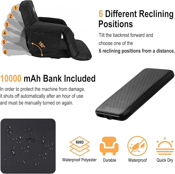Heated Massage Reclining Stadium Seat, Bleacher Chair with 10000mAh Portable Bank, 6 Reclining Positions for Camping, Games & Sports