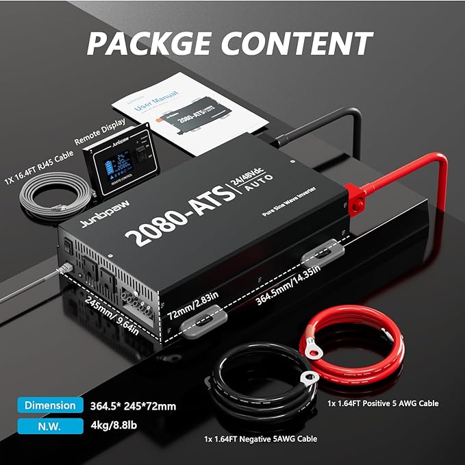 2080W RV Pure Sine Wave Inverter with ATS, Dual Voltage Power Inverter 24V/48V to 120V for Truck Off-Grid, Camping, Home Emergency Backup (DeepGrey)