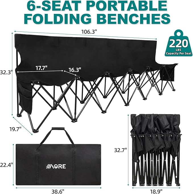 1MORE Soccer Bench - Portable Folding Team Bench, 6 Seats Foldable Sideline Benches, Soccer Chair with Bag & Backrest, Adult Team Chair for Football Camp Sport Events Outdoor Seating.Black-2PACK