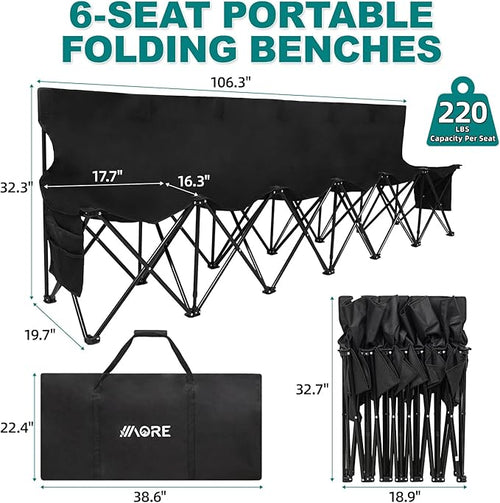 1MORE Soccer Bench - Portable Folding Team Bench, 6 Seats Foldable Sideline Benches, Soccer Chair with Bag & Backrest, Adult Team Chair for Football Camp Sport Events Outdoor Seating.Black-2PACK