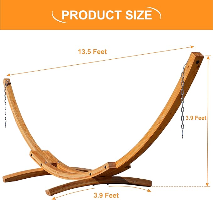 Lazy Daze Hammocks 13 FT Outdoor Arc Wood Hammock Stand, 2 Person Hard Pine Wood Hammock Stand with Carabiners and Chains for Outdoor Patio Garden Yard Poolside, 500lb Capacity, Natural