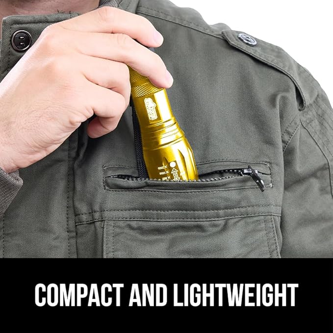 GORILLA GRIP Powerful LED Tactical Flashlight, 750 FT High Lumens 5 Adjustable Modes, Water Resistant, Ultra Bright Zoom Flashlights, Small Mini Flash Light, Camping, Night Dog Walking, Gold