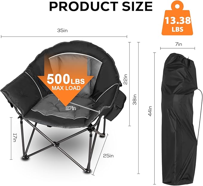 Romswi Oversized XL Padded Camping Chair for Adults, 500lbs Support Heavy-Duty Padded Folding Chair with Side Pocket Cup Holder, Wide&Thick, for Outdoor,Black