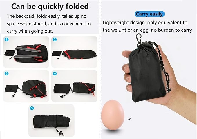 16L Foldable Backpack & Bucket Hat 2 In 1 Combo, Lightweight packable Travel Set, Compact Daypack with Sun Hat (Black)
