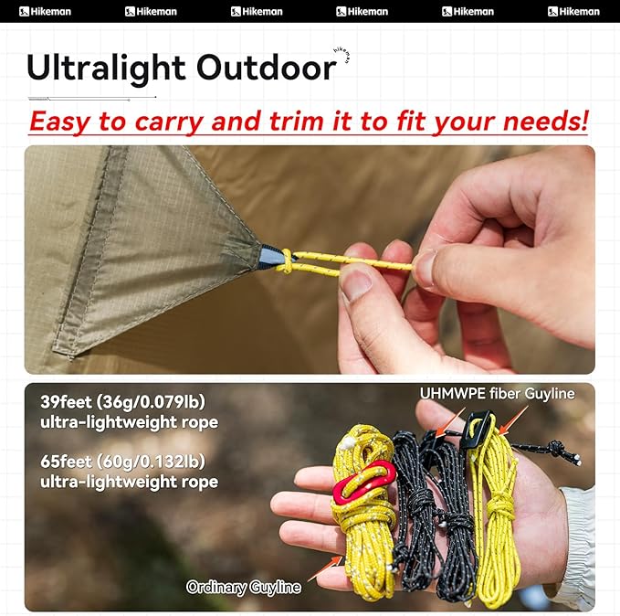 Hikeman Tent Guy Ropes 2mm-Ultralight Strong Guy Lines with Tensioner Reflective UHMWPE Fiber Tent Cord for Camping, Hiking, Backpacking Rope (Red, 39 Feet Cord & 6 Pcs Tensioner Kit)