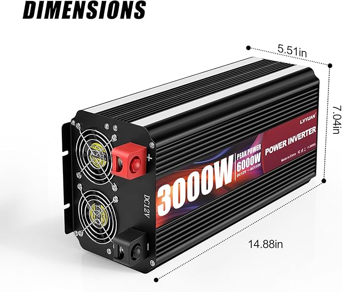 LVYUAN 3000 Watt Power Inverter 12V to 110V 120V for Vehicle, Solar Inverter System, Heavy Duty, RV, Truck, Off Grid,Camping with 4 AC Outlets, LCD Display, Wireless Remote Control, Car Power Inverter