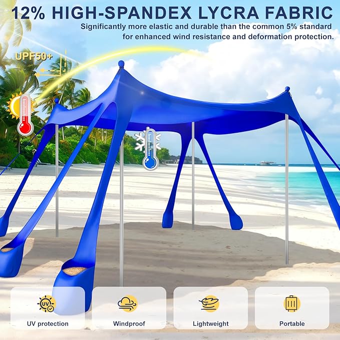 Beach Tent Sun Shelter UPF 50+,10x10 FT Beach Canopy Tent Sun Shade,Pop Up Beach Canopy with 8 Sandbags,Outdoor Beach Shade for Camping Trips, Fishing, Backyard Fun Picnics (Royal Blue)