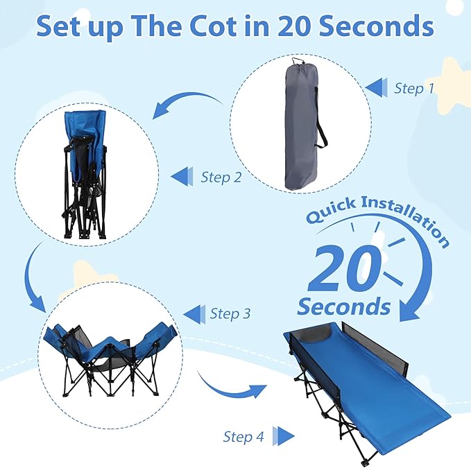 REDCAMP Kids Cot for Sleeping 2-7 Years, Portable Travel Toddler Cot Bed with Guardrail, Lightweight for Outdoor Indoor Home, Blue