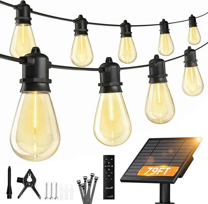 Minetom 79FT Solar String Lights Outdoor Waterproof, 24 LED S14 Shatterproof Bulb, Patio Lights with Remote Type-C Port Timable, 3 Light Modes Dimmable Solar String Lights for Outside, Yard, Camping