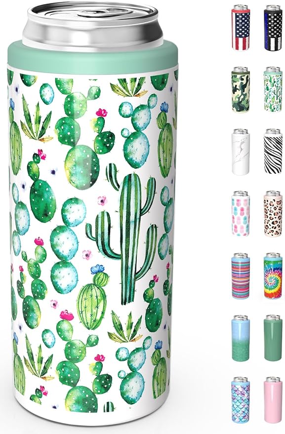 TILUCK Skinny Can Cooler for Slim Beer & Hard Seltzer, Stainless Steel, Doucle-Walled Stainless Steel Insulated Slim Cans, Standard 12 oz (Cactus)