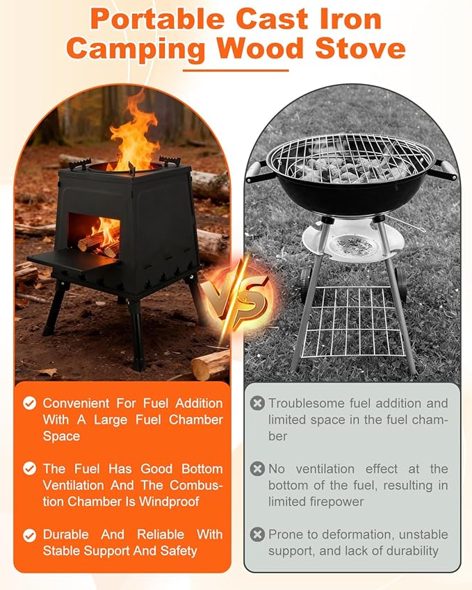 Portable Wood Burning Stove - Lightweight Cast Iron Camp Stove for Backpacking，Portable and Easy-To-Assemble Backpacking Camping Stove Kit (Black, Large)
