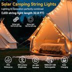 33FT Solar Camping String Lights, Rechargeable String Lights with 8 Modes, Waterproof Outdoor Lights with Delay Closure, Retractable Design & Hooks for Outdoor Patio Awning Garden Party Essentials