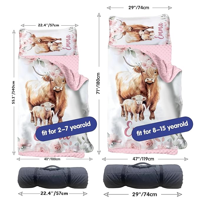Custom Toddler Nap Mat for Preschool, Personalized Name Highland Cow Design Kids Sleeping Bag for Daycare, Roll Up Sleeping Mat with Removable Pillow and Soft Dot Minky Blanke for Girls Camping
