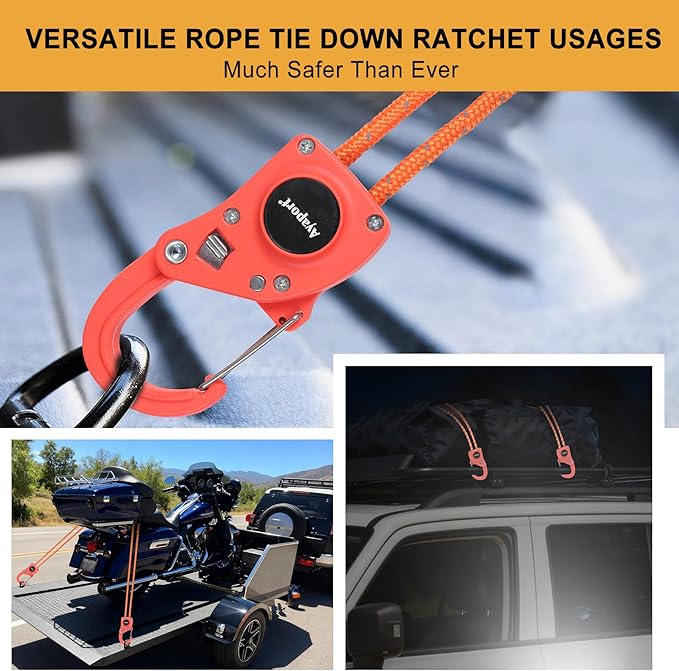 Ayaport Rope Ratchet Tie Down with Safety Lock Clip 1/4" x 12' Heavy Duty One-Piece Adjustable Kayak Straps for Tent, Tarp, Canopy Tie Downs,2Pk Orange