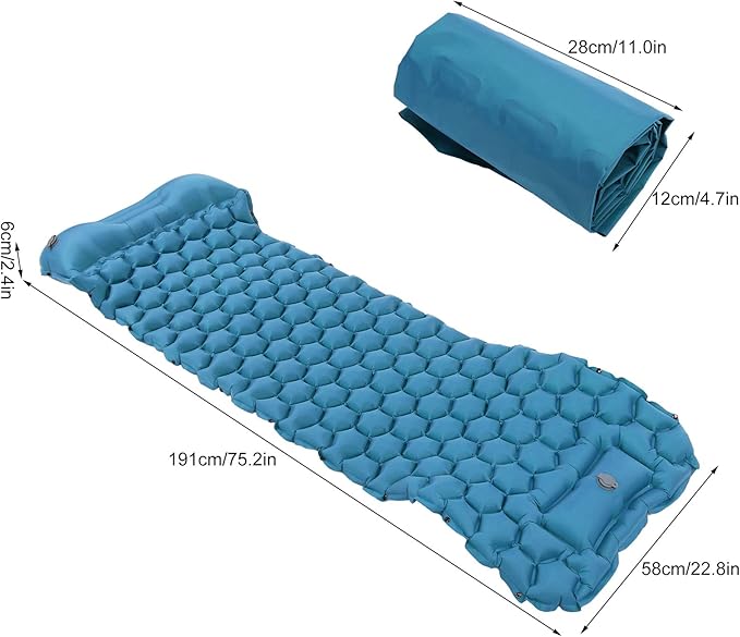 Camping Sleeping Pad Mat Foot Press Inflatable Cushion Mattress, Durably 40D Nylon TPU Laminate, Lightweight 700g, Compact Folding Size for Tent Hiking Travel (Peacock Blue)