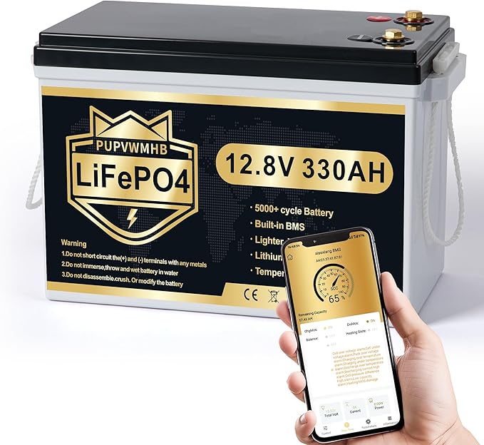 12V 330Ah LiFePO4 Lithium Battery, Bluetooth Lithium Battery with Self-Heating, 200A BMS, up to 15000 Cycles, Max.4224Wh Energy with Low Temp Cut off, Perfect for RV, Solar, Trolling Motor