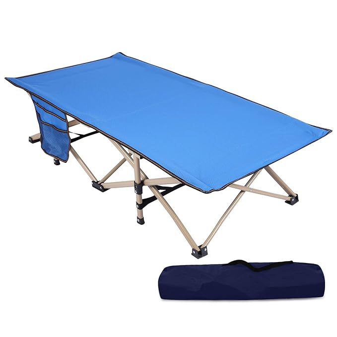 REDCAMP Extra Long Kids Cot for Sleeping 2-7 Years, Portable Travel Toddler Cot Bed with Carry Bag, Lightweight for Outdoor Indoor Home, Blue 53''x26''
