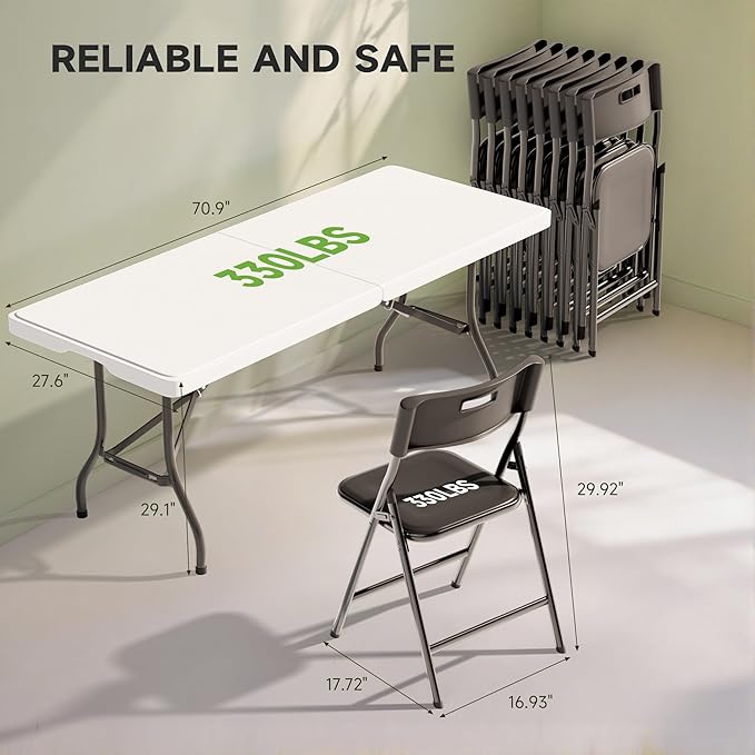 6FT Folding Table Set with 8 Folding Chairs, Heavy Duty 330 lbs Table & 330 lbs Chairs, Portable Folding Furniture Bundle for Camping, Party, Indoor & Outdoor Use
