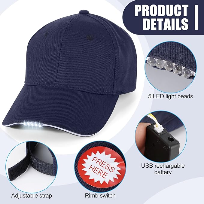 Coume Baseball Cap with Light Rechargeable LED Hat with USB Cable and Battery, Full Cotton Adjustable Headlamp Hat for Fishing Jogging Camping Hand Work(Navy Blue)