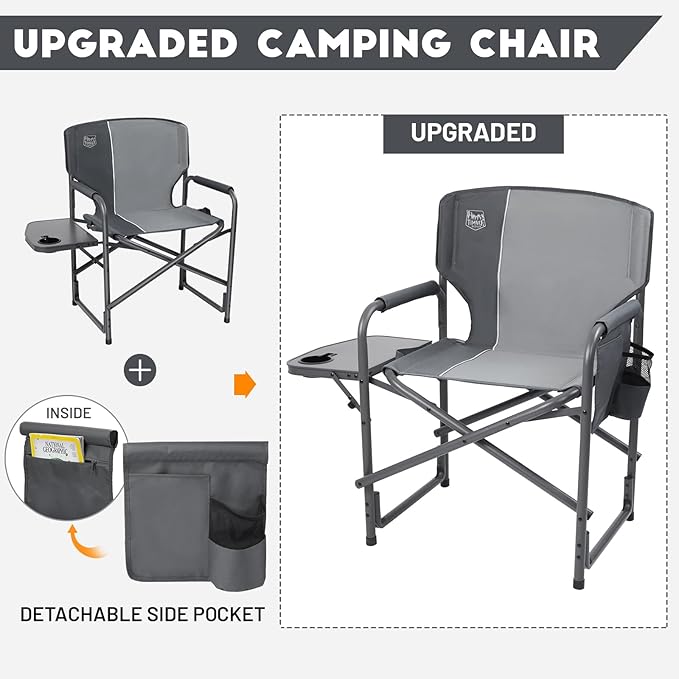TIMBER RIDGE Lightweight Oversized Camping Chair, Aluminum Directors Chair with Side Table for Outdoor Camping, Lawn, Picnic and Fishing, Supports 400lbs, Gray 2PCS