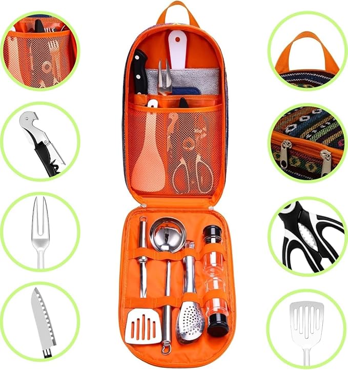 27-Piece Backpack Camping cookware Set, Portable Camping kitchenware Set for Barbecue, Outdoor Cooking, Picnic and Adventure Camping cookware Storage