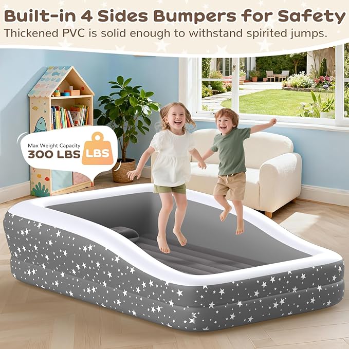 Inflatable Toddler Air Mattress with Built-in Pump - 67 Inches Safety Four Side Inflatable Toddler Travel Bed - Portable Toddler Bed for Outdoor Camping - Easy to Inflate, Deflate and Clean, Grey