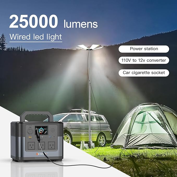 CONPEX 25000lm LED Telescopic Camping Light - Portable Outdoor Telescoping Pole Fishing Night Flood Emergency Backyard Lighting