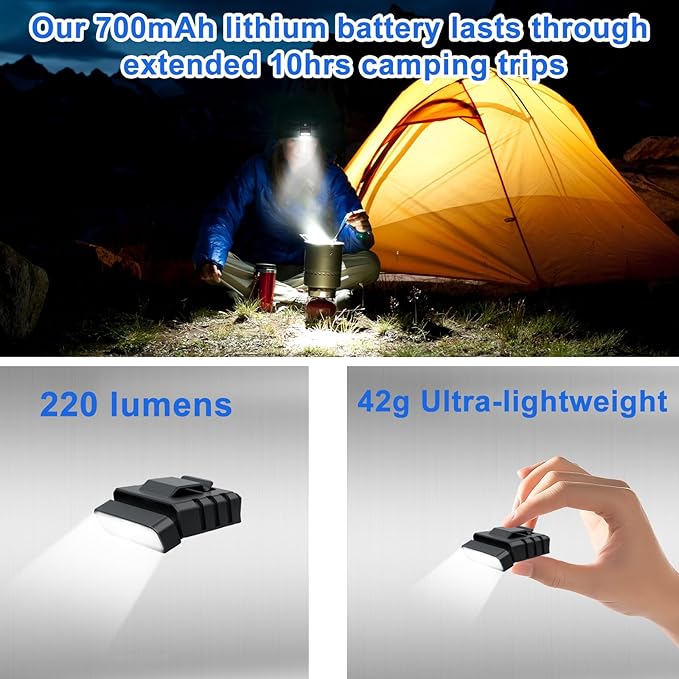 Clip on Hat Light Magnetic,Artist Limited Edition,USB C Cap Lights Clip on 220 Lumens with Red Light for Everyday Carry, Camping, Hiking Night Working, Running, Fishing(Black)