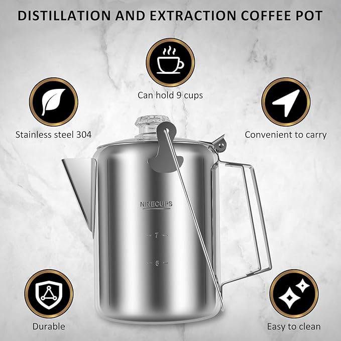 Percolator Coffee Pot Stainless Steel Coffee Percolator w Clear Top Glass Knob, Outdoor Stovetop Camping Coffee Maker, Coffee Pot for Stovetop Coffee Making Traveling Fast Brew 9 Cups