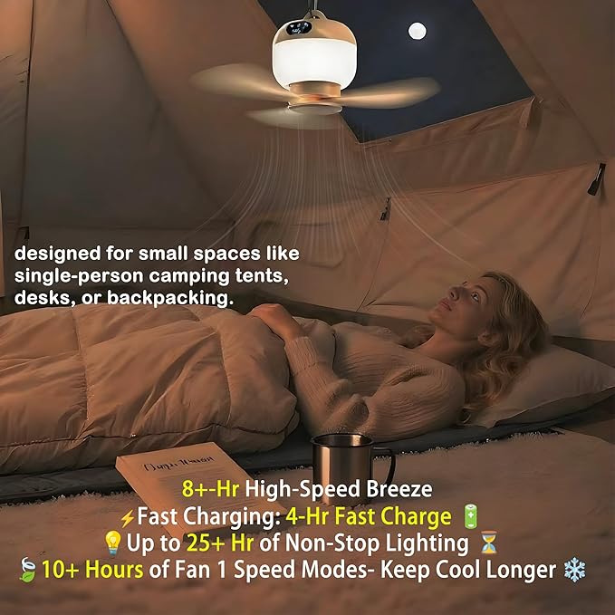 Camping Fan with Light & Remote, Portable Ceiling Fan for Tents, Canopy, Beach, RV, Car, Camper & Outdoor, Wireless Rechargeable Hanging Pop Up Tent Fans - 3 Speed Breeze & Timer