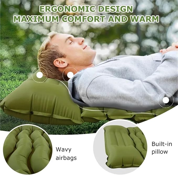 Outdoor Camping Inflatable Mattress Thicken Sleeping Pad with Built-in Pillow & Pump, Portable Air Mat for Travel Hiking Climbing(Green)