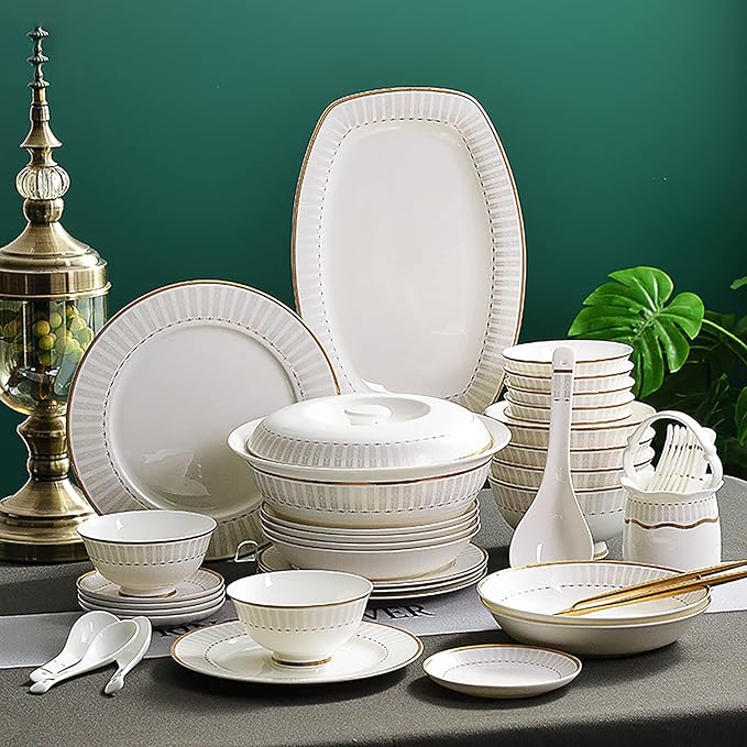 50 Pieces Dinner Set, White Porcelain Bone China Tableware Set with Round Dessert Plates Soup Plates Dinner Plates Bowls Dishes Soup Pot Service for 10 People with Gold Rim