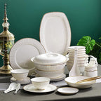 50 Pieces Dinner Set, White Porcelain Bone China Tableware Set with Round Dessert Plates Soup Plates Dinner Plates Bowls Dishes Soup Pot Service for 10 People with Gold Rim