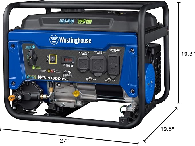 Westinghouse 4650 Peak Watt Dual Fuel Portable Generator, RV Ready 30A Outlet, Gas & Propane Powered, CO Sensor