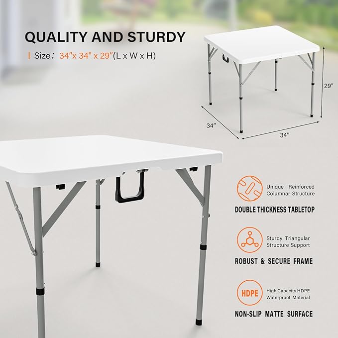 VINGLI 34" Fold in Half Square Table, Bi-Folding Commercial Table, Portable Plastic Dining Card Table for Kitchen or Outdoor Party Wedding Event, White