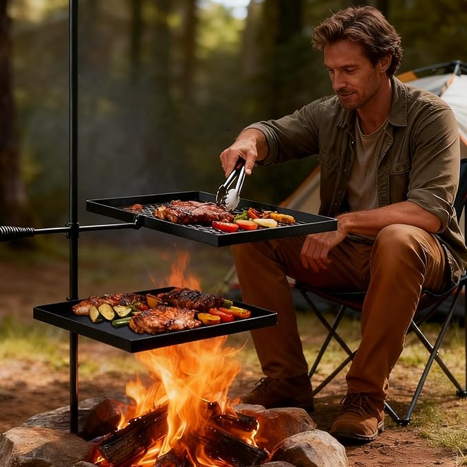 VINGLI Swivel Camping Firepit Grill, Foldable Campfire Steel Grate w/Griddles & Storage Bag, 360° Adjustable, Open Fire Outdoor Cooking Equipment, Parties, Activities, Families Use 31'' x 17'' x 32''