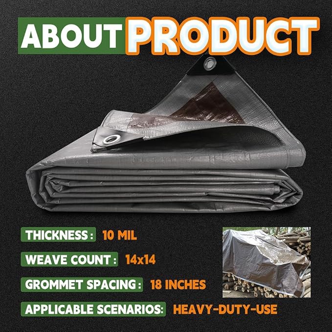 RAINDEWAY Tarps Heavy Duty Waterproof 14x14 Feet,10Mil Thick Multipurpose Poly Tarp Cover with Metal Grommets and Reinforced Edges,Silver/Brown Tarp