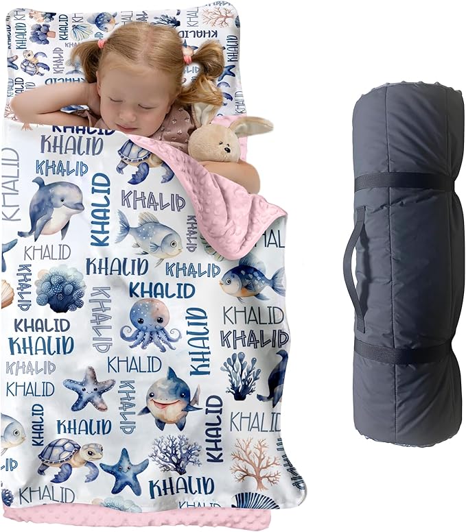 Personalized Toddler Nap Mat for Preschool, Custom Name Kids Sleeping Bag for Daycare, Kindergarten Roll Up Sleeping Mat with Removable Pillow and Soft Blanket, Fun Themes for Boys & Girls