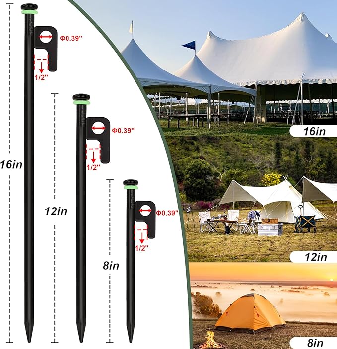 16Pcs Tent Stakes, 8in Heavy Duty Tent Stakes with Storage Pouch, Dia 0.35" Forged Steel Stakes for Tent Used on Rocks, Grassland, Snowfield(16Pcs 8in Stakes)