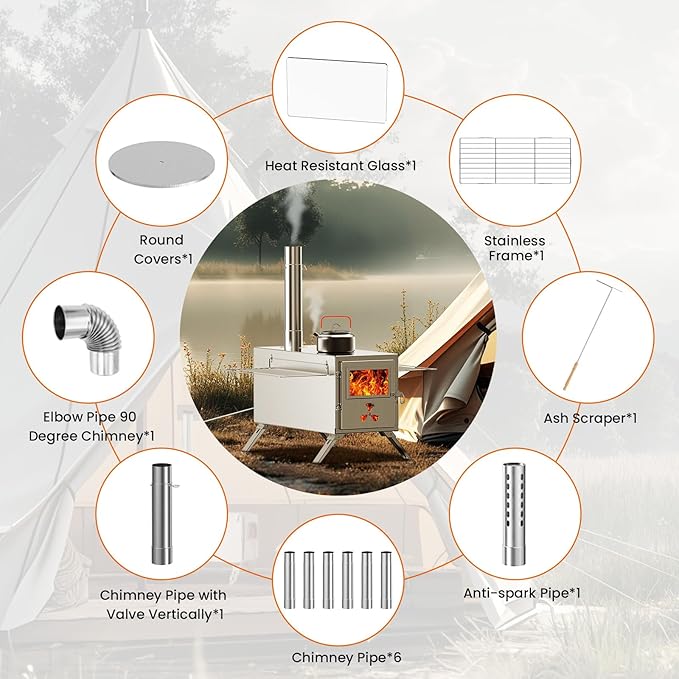 Upgraded Wood Stove, Hot Tent Stove Camping Portable Stainless Steel Wood Burning Stove with 7 Chimney Pipes for Wall Tent Camping, Hunting, Heating, Cooking, Ice Fishing, Boiling Water - Medium