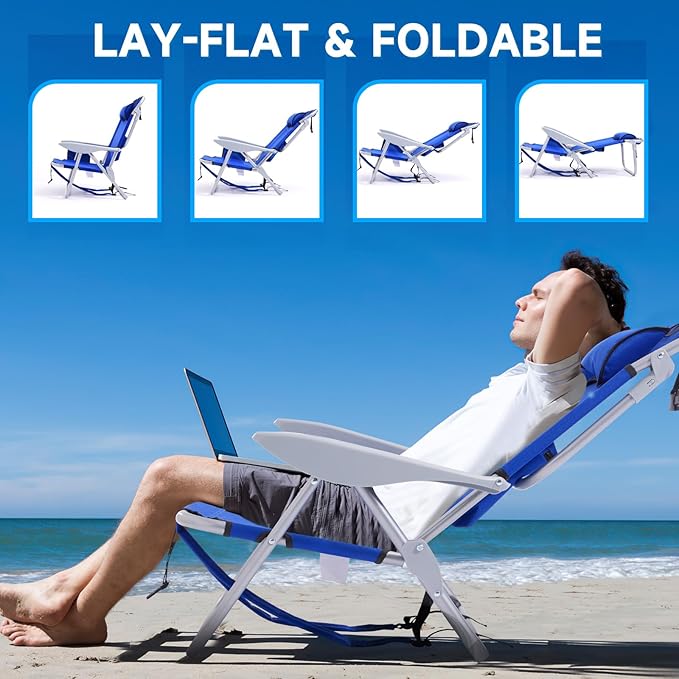 1PC Portable Beach Chair for Adults, 5 Position Backpack Folding Camping Chairs for Outdoor, Beach Chairs with Backpack Straps, Blue