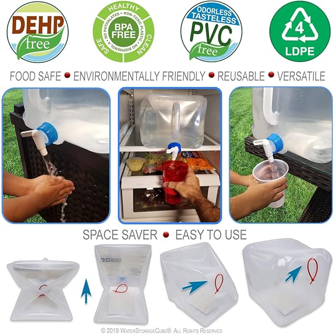 WaterStorageCube 3pc/5pc Premium Collapsible Water Container Bundle Cube + Bag, No BPA Camping Drink Storage Carrier Jug for Outdoors Hiking Backpack & Survival, No-Leak Foldable Portable & Freezable